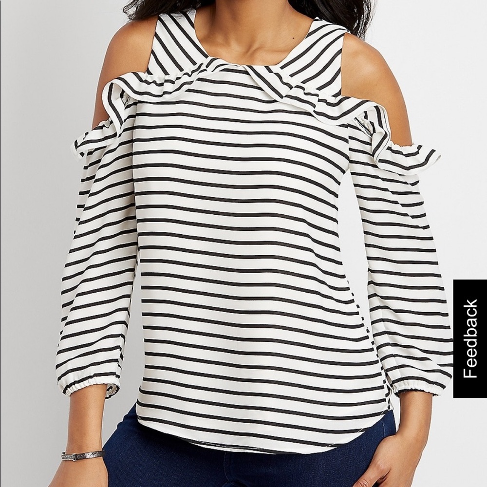 Ruffled stripe cold shoulder top